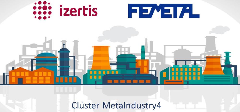 Imagen abstracta con dibujos relacionados con la industria, estampados logotipos de Izertis y Femetal y texto 'Cúster MetalIndustry4'