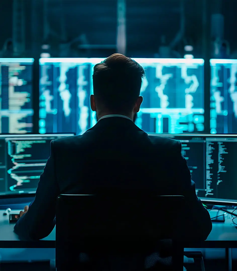 Experto en ciberseguridad revisando normativas de seguridad de la información en un centro de datos.