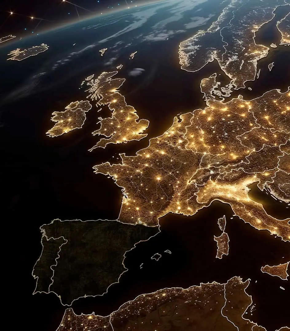 Mapa nocturno de Europa con luces de conectividad mostrando la interdependencia digital y tecnológica de los países.