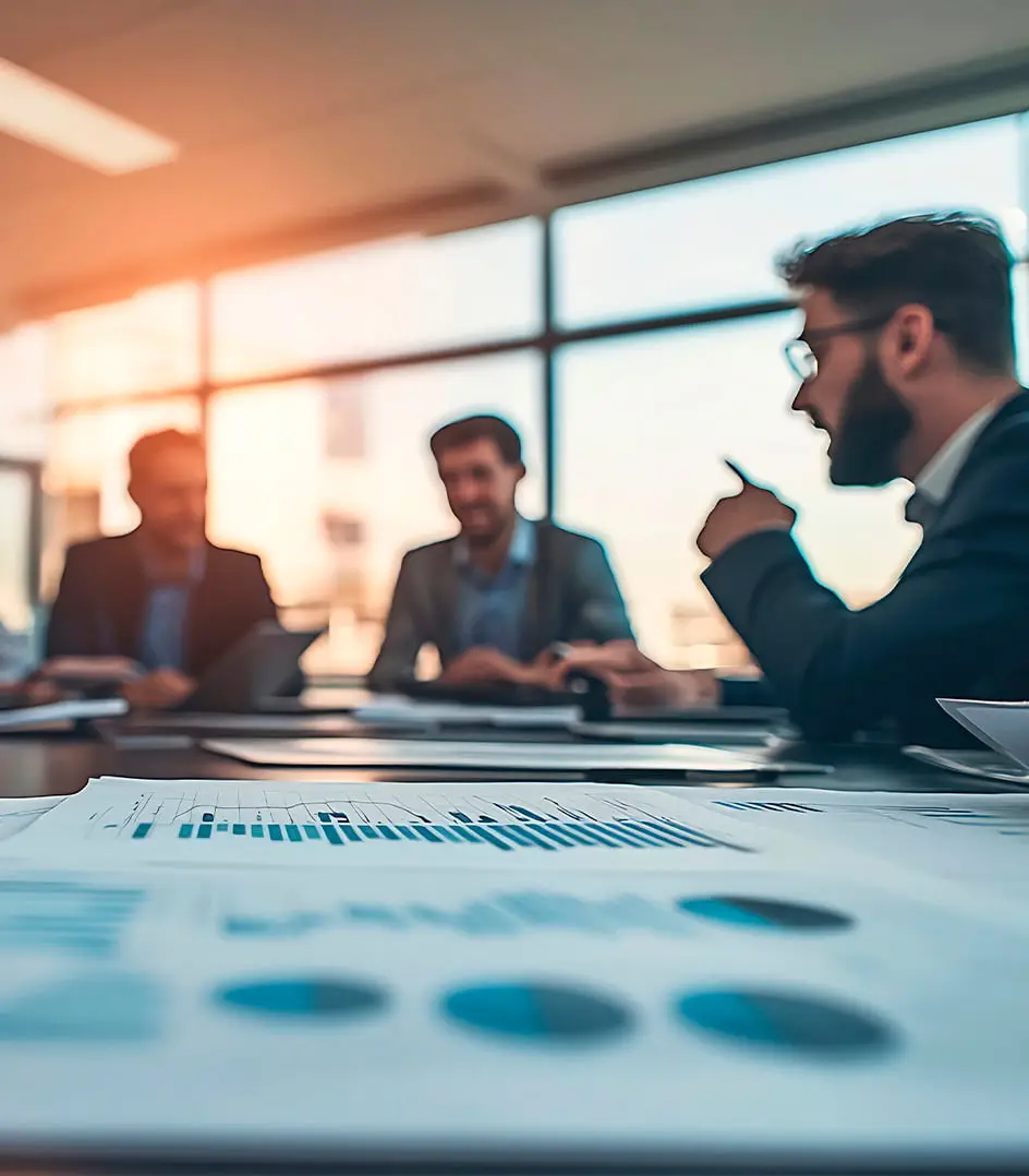 Reunión de consultores tecnológicos discutiendo estrategias para el sector financiero, con gráficos financieros en primer plano.