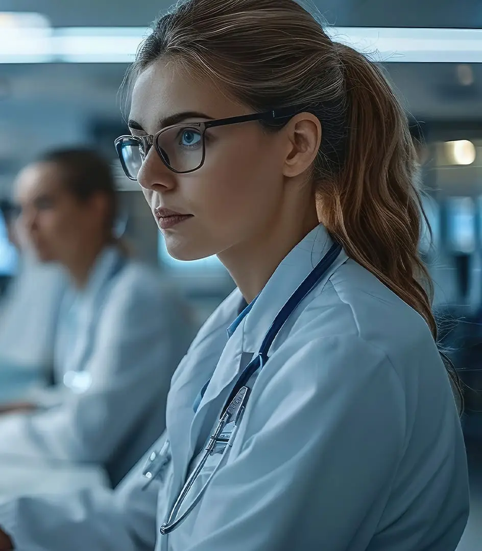 Doctora analizando datos en un entorno digital, simbolizando el uso de IA y Big Data en la industria farmacéutica.