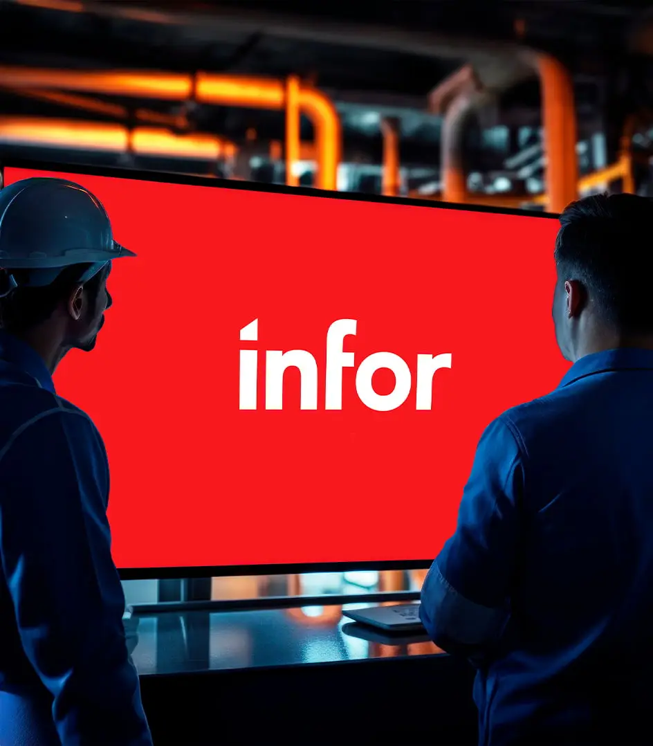 Profesionales industriales revisando una solución ERP en planta, con el logotipo de Infor CSI en pantalla, representando la gestión integral de la cadena de valor.