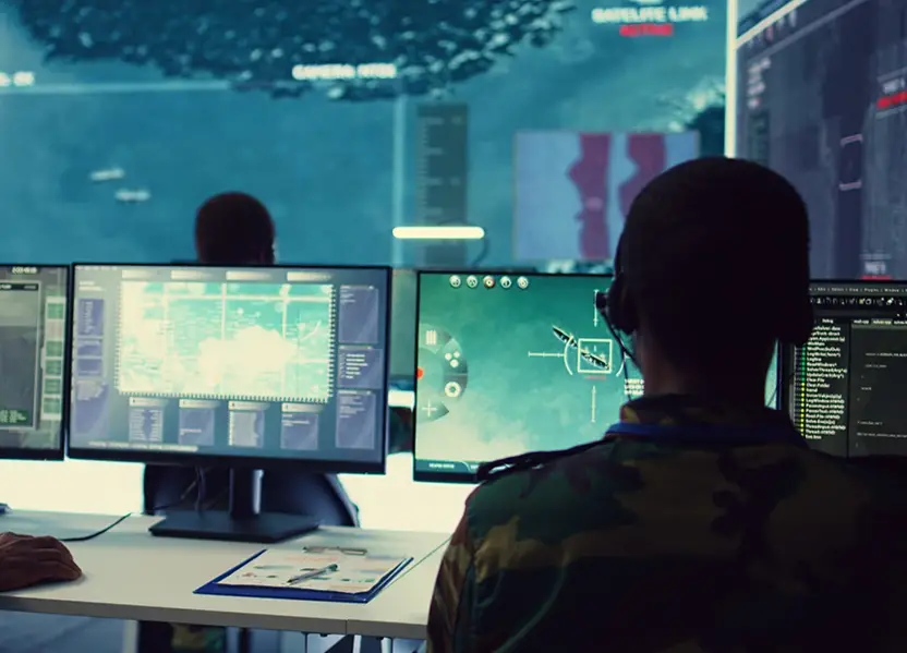 Chico trabajando con múltiplea pantallas