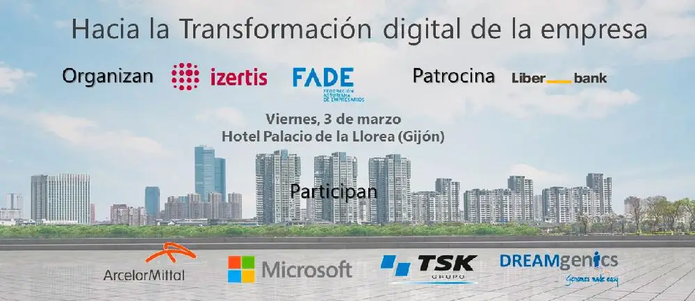 Fondo de edificios rascacielos al lado del río. Logotipos Izertis, Fade. Patrocina Liberbank