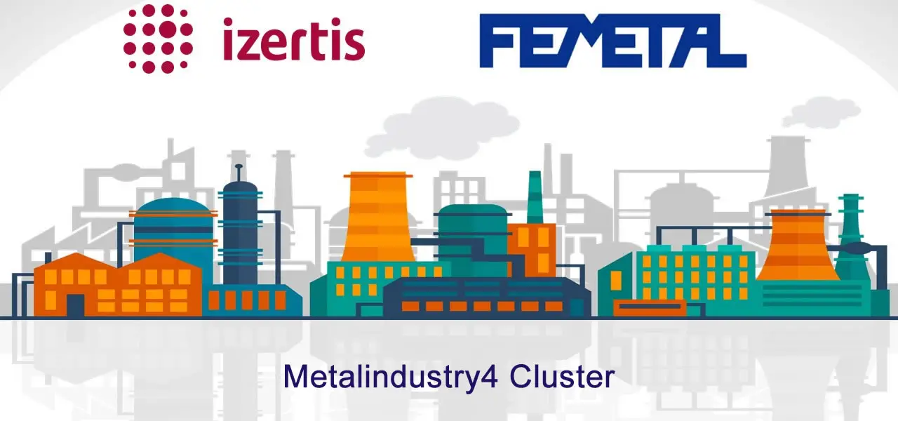 Abstract image with drawings related to the industry, printed logos of Izertis and Femetal and text 'Cúster MetalIndustry4'