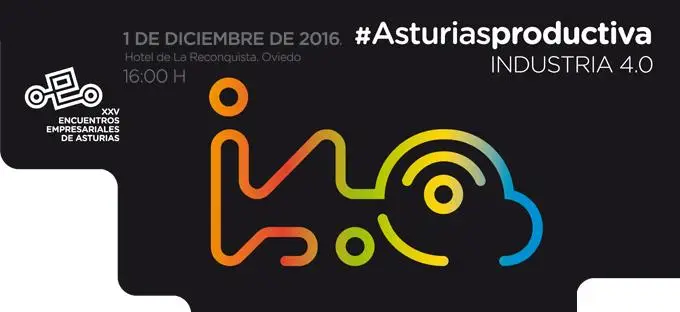 Abstracto con texto #Asturiasproductiva Industria 4.0, 1 de Diciembre de 2016