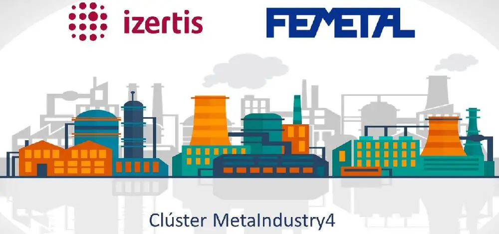 Imagen abstracta con dibujos relacionados con la industria, estampados logotipos de Izertis y Femetal y texto 'Cúster MetalIndustry4'
