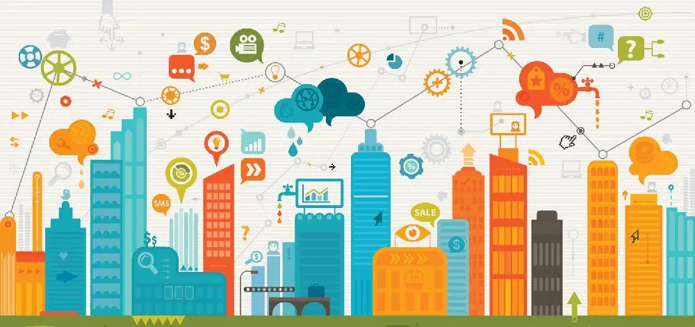 Abstracto de una ciudad tipo Nueva York con estrellas de tipologías de aplicaciones