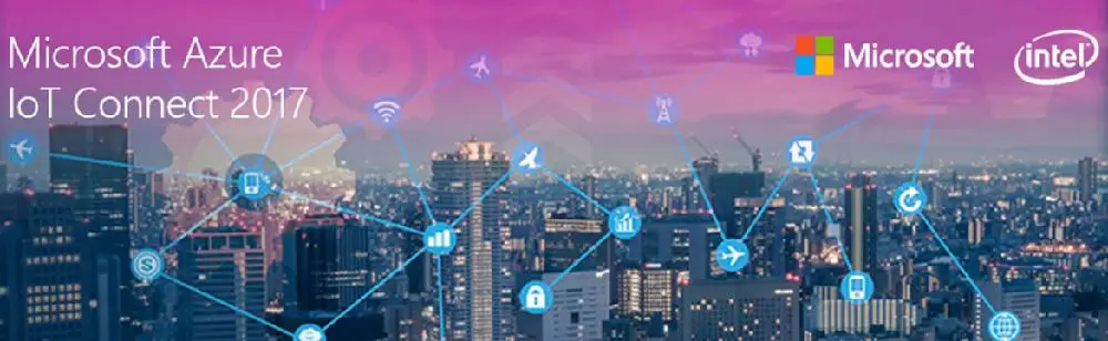 Imagen con fondo urbano similar a Nueva York, estampados logotipos de Microsoft e Intel y rotulado 'Microsoft Azure IoT Connect 2017'